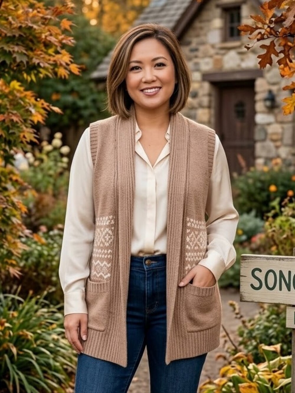 Sonoma knit cardigan sweater PL pockets neutral sleeveless neutral